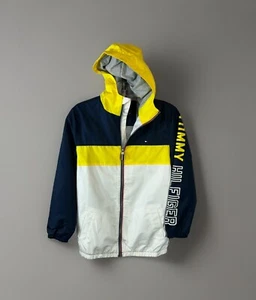 Tommy Hilfiger M 12-14 Blue White Yellow Long Sleeve Windbreaker Jacket W/ Hood - Picture 1 of 8