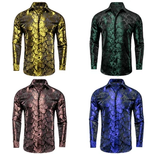 Long Sleeve Button Down Men Shirts Casual Paisley Blue Black Dress Shirt - Picture 1 of 32