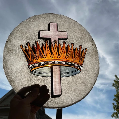 Antique Stained Glass Window Panel Cross And Crown Hand Painted Masonic Templar Cover