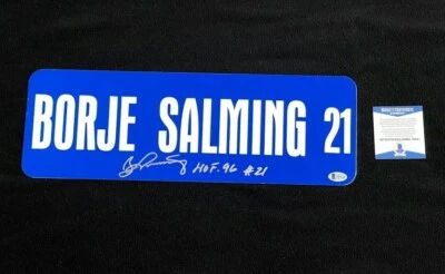 Borje Salming Signed 6x18 Toronto Maple Leafs Custom Street Sign Beckett COA - Image 1 of 2