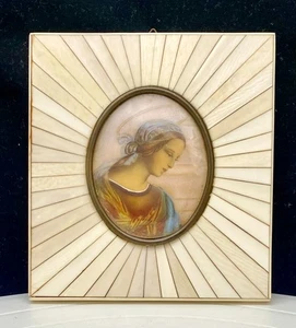 ANTIQUE MINIATURE MADONNA PAINTING PORTRAIT, BRASS/SPINE FRAME, c1870 vg - Picture 1 of 5