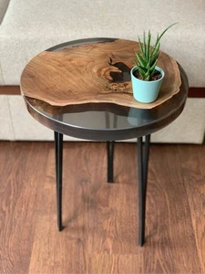 15" Transparent Charcoal Epoxy Resin Round Side Table | Modern Accent Table - Picture 1 of 5