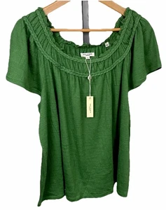 Max Studio Boho Bauernbluse Plus 1X Neu mit Etikett grün Rüschen Zopf Stretch Top Kreuzfahrt - Bild 1 von 6