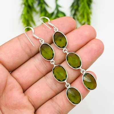 Green Peridot Gemstone 925 Sterling Silver Handmade Jewelry Earring Gift For Her - Image 1 of 4