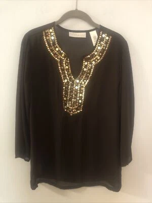 First Issue 棕色涤纶雪纺金色亮片 V 领束腰外衣,尺寸 M — 第 1/4 张图片