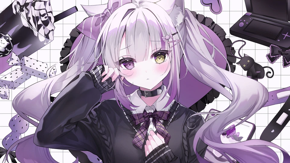 Anime meninas fundo roxo gato menina kawaii twintails tapete tapete de jogos mesa - Imagem 1 de 1