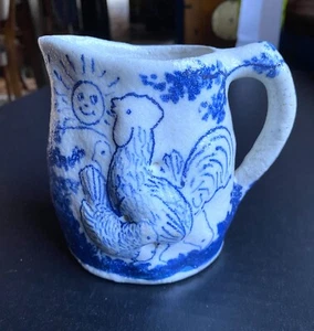 Antique Dedham Pottery Blue/White Rooster Owl Day & Night Milk Pitcher - Picture 1 of 10