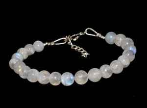 Genuine White Rainbow Moonstone Top 7-7.5 MM Round Balls Gemstone Bracelet 7" - Picture 1 of 9