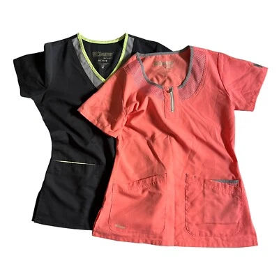 Women’s GREY’S ANATOMY By Barco Active Scrub Top Lot Of 2 Size XS Coral Black - Image 1 of 4