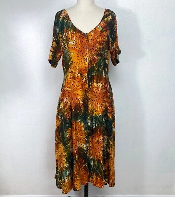 Vestido midi vintage para mujer mediano rayón naranja tie-dye boho campesino festival Y2K Foto 1 de 4