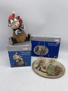Snowman Pine Cone + Plaque Ornament  Xmas Decoration The Christmas Workshop 2004 - Picture 1 of 17