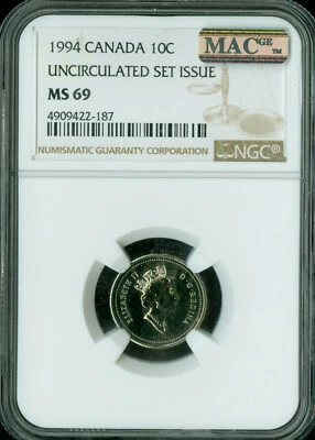 1994 CANADA 10 CENTS NGC MAC MS69 PQ FINEST GRADE SPOTLESS . - Image 1 of 2