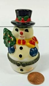 Ceramic Snowman w/ Christmas Tree Hinged Trinket Box Holiday Decor 2.5” Tall - Picture 1 of 6