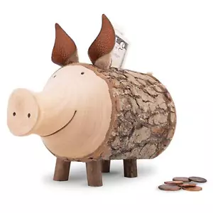 Wooden Piggy Banks, Adorable Pig Figurines Coin Holder Wooden Saving Money Box - Picture 1 of 21