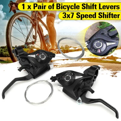 Pair Bicycle 3 x 7 Speed Trigger Shifter Brake Levers Set MTB Bike + Shift Cable - Image 1 of 4