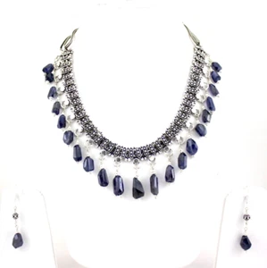 NECKLACE EARRINGS NATURAL IOLITE GEMSTONE BEADED HANDMADE FASHION JEWELRY - Picture 1 of 1