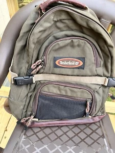 VTG Timberland  Canvas Backpack School Black Olive Green/Brown Leather In Bottom - Picture 1 of 12
