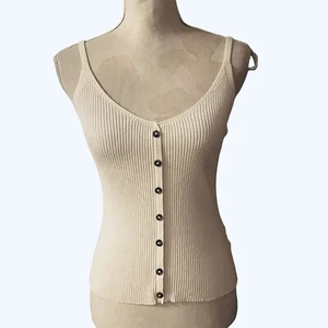 H M Women White Knit Button Sleeveless Ribbed Camisole Top Tank Sz Small - Picture 1 of 5
