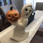 Vintage Ceramic Ghost Holding Pumpkin 12" Halloween Lamp Decor Light Beautiful 