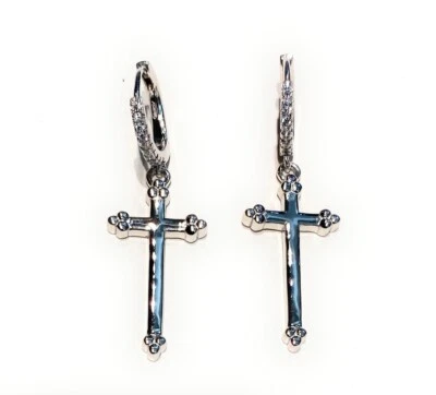 Orecchini a Cerchietto Argento 925 Crocetta Lucida Zirconi Bianchi diWa Jewels - Immagine 1 di 2