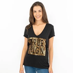True Religion Womens Top Black Cotton Short Sleeve V Neck Summer T-Shirt Sequin - Picture 1 of 9