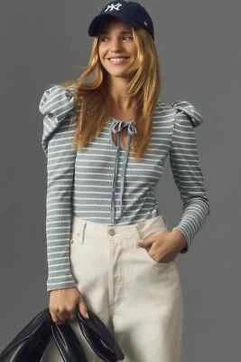 Top Anthropologie Porridge manga abullonada corbata frontal talla M rayas azul cielo Foto 1 de 4