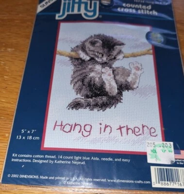 Dimensions Jiffy Hang In There Cross Stitch Kit 5"X7" 16734 Hang On Kitty - Image 1 of 3