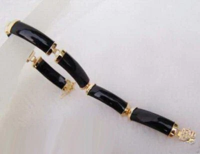 Black Agate Onyx Yellow Gold Plated 18KGP Fortune Link Clasp Bangle Bracelet - Image 1 of 3