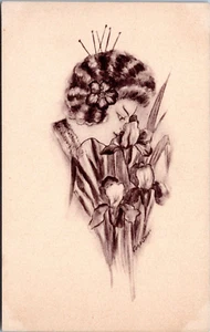 Bonita Geisha Smling Lilies - a/s Postal Cobb Shinn - Boceto Coloreado a Mano - Imagen 1 de 2