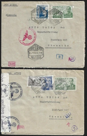 SPAIN 1943 TO GERMANY TWO NAZI WAR TIME CENSORED COVERS WITH RED & BLACK MARKING Cover