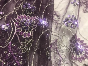 PURPLE TULLE W/PURPLE GOLD EMBROIDERY BEAD SEQUINS LACE FABRIC 50” WIDTH 1 YARD - Picture 1 of 11