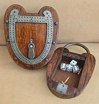 Antique 1886 English Oak Padlock Form Cribbage Board Brass Drawer & Pegs - Image 1 of 4