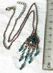 Silver Tone & Turquoise Blue Glass Pendant & Chain Necklace 40cm A115 - Picture 1 of 3
