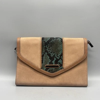 Trina Turk Clutch Womens Tan Teal Snake Print Calf Hair Envelope Purse - Image 1 of 4