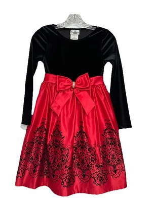 Rare Editions Girl’s Dress Size 10 Black Velvet Bodice Red Satin Festive Dress - Image 1 of 4