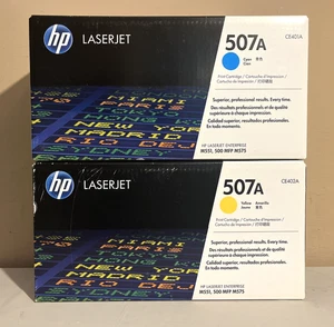 Genuine HP 507A LaserJet Toners Cyan CE401A & Yellow CE402A Sealed Boxes - Picture 1 of 7
