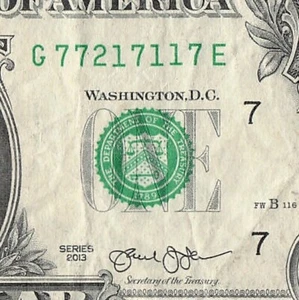 Trinary 7s 2s 1s Fancy Serial Number One Dollar Bill G77217117E - Picture 1 of 11
