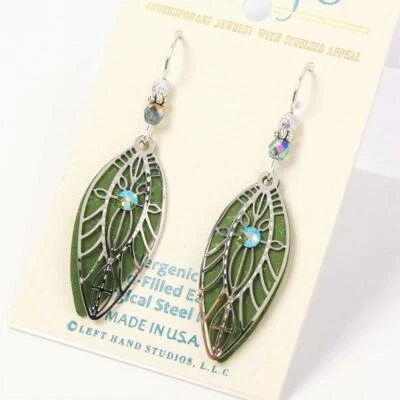 Adajio Earrings Dark Green Teardrop with Shiny Silver Tone Deco Overlay Unique - Image 1 of 4