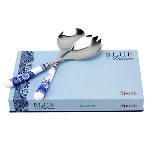 Spode Blue Italian Set of 2 Salad Servers with Porcelain Handles, 10" Blue White - Picture 1 of 9
