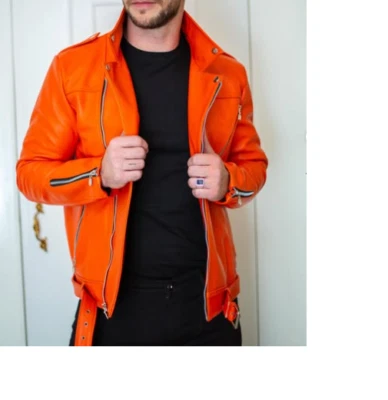 Nueva chaqueta de moto de cuero naranja hecha a mano, chaqueta de moda, chaquetas de motociclista Foto 1 de 2
