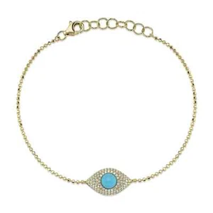 Turquoise Diamond Eye Bracelet 14K Yellow Gold Ball Beaded Chain 0.72 CTW Pave - Picture 1 of 3