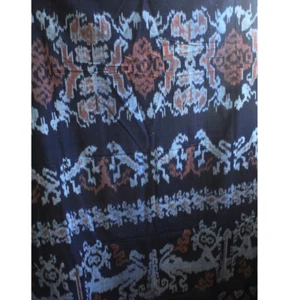 46 X 96 Loom Woven Cotton Flores Sarong Blue Clay Ikat Indonesia Fabric w Fringe - Picture 1 of 6