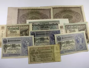 Group of 9 - 1917-1937 German Marks - 1 Renten Mark, 5 Marks, 5k, 100k, & 500k - Picture 1 of 12