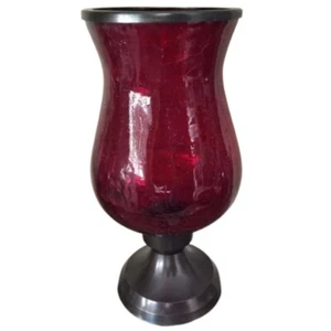 Jarrón decorativo de vidrio craquelado rojo rubí base y borde de peltre de metal armado hecho en la India de colección - Imagen 1 de 12