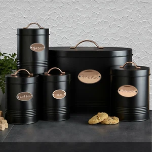 5pc Kitchen Bread Bin Set Tea Coffee Sugar Biscuit Tins,Barrel Sealed Containers - Picture 1 of 5