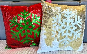 Set of 2 Reversible Sequined Snowflake Holiday Christmas Throw Pillows 16x16" - Picture 1 of 13