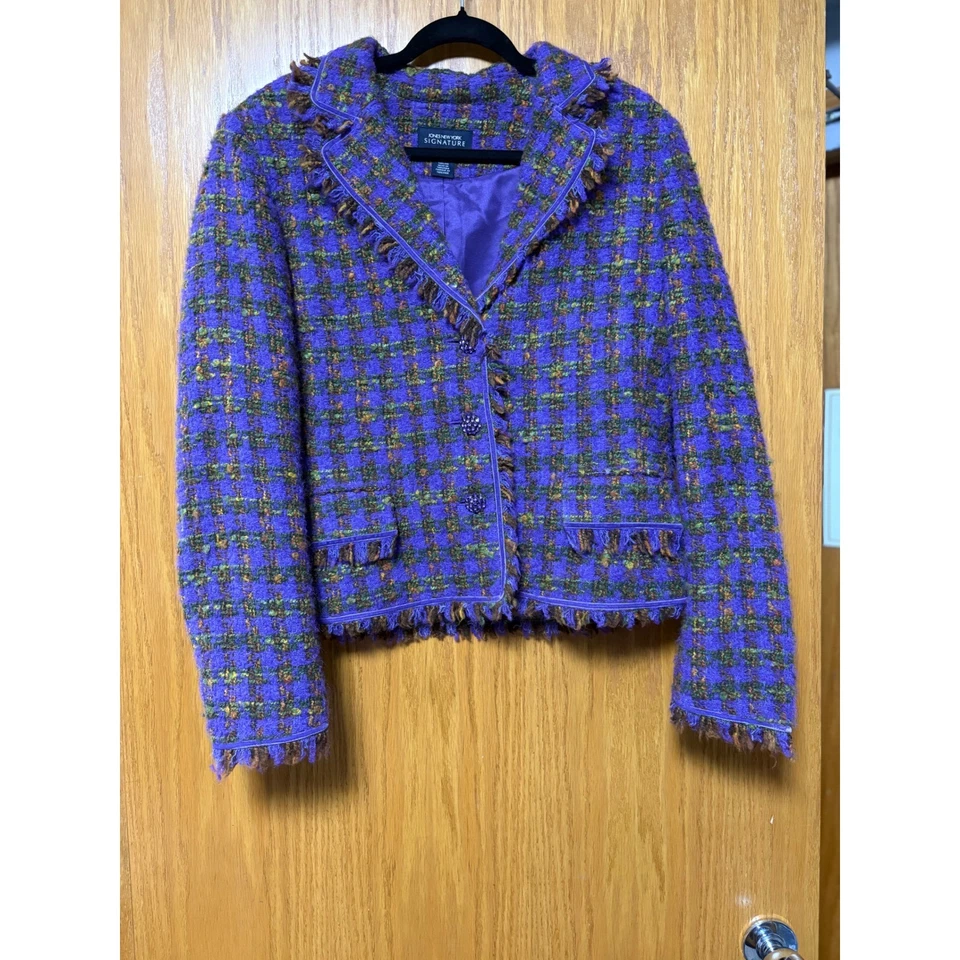 Jones New York 签名紫色粗花呢夹克外套珠宝纽扣 14 码 — 第 1/4 张图片