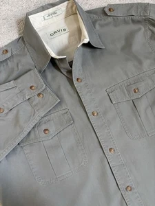 Camisa de safari Orvis para hombre talla grande gris campo de tareas charreteras de algodón pesado - Imagen 1 de 14