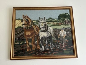Arbeitspflug Pferd Landwirtschaft Szene Nadelspitze Wandteppich fertig & gerahmt - Bild 1 von 18