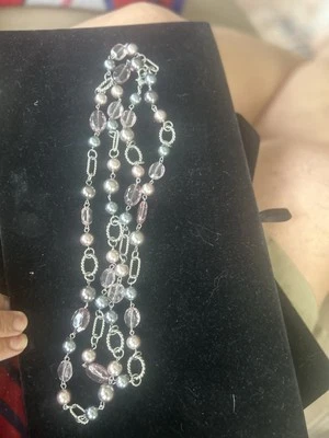 Premier Designs "Newport" Beaded 48" Necklace, Pink, Gray & Silvertone, Not Worn - Image 1 of 3